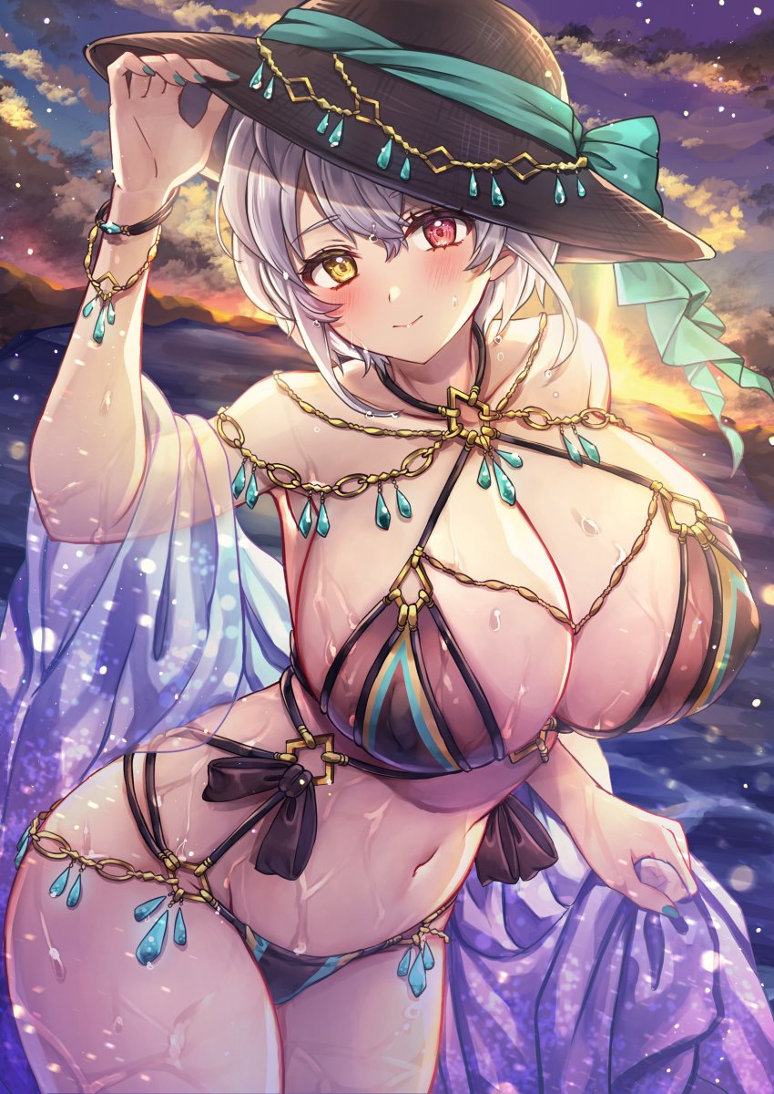 1girl, absurdres, alicia_renato_(yashiro_sousaku), bare_shoulders, bikini, black_bikini, black_hat, blush, bracelet, breasts, cleavage, closed_mouth, commentary_request, commission, green_nails, grey_hair, hat, heterochromia, highres, jewelry, large_breasts, looking_at_viewer, nail_polish, navel, nyamaso, original, outdoors, red_eyes, see-through_clothes, smile, solo, swimsuit, water, wet, yellow_eyes
