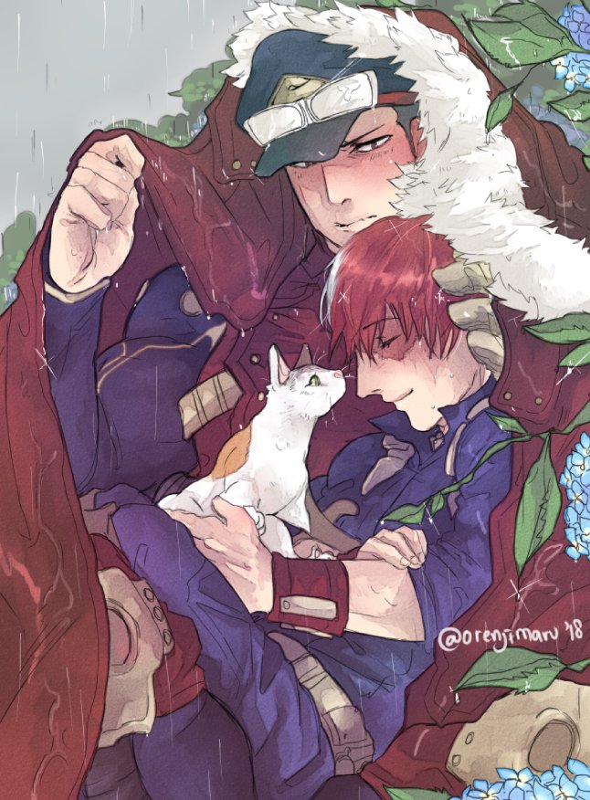 2boys, blush, boku_no_hero_academia, burn_scar, cape, cat, closed_eyes, flower, fur_trim, gloves, goggles, goggles_on_head, hat, hydrangea, looking_at_another, male_focus, multicolored_hair, multiple_boys, orenjimaru, rain, red_hair, scar, scar_on_face, shirt, short_hair, smile, split-color_hair, todoroki_shoto, two-tone_hair, very_short_hair, white_hair, yaoi, yoarashi_inasa