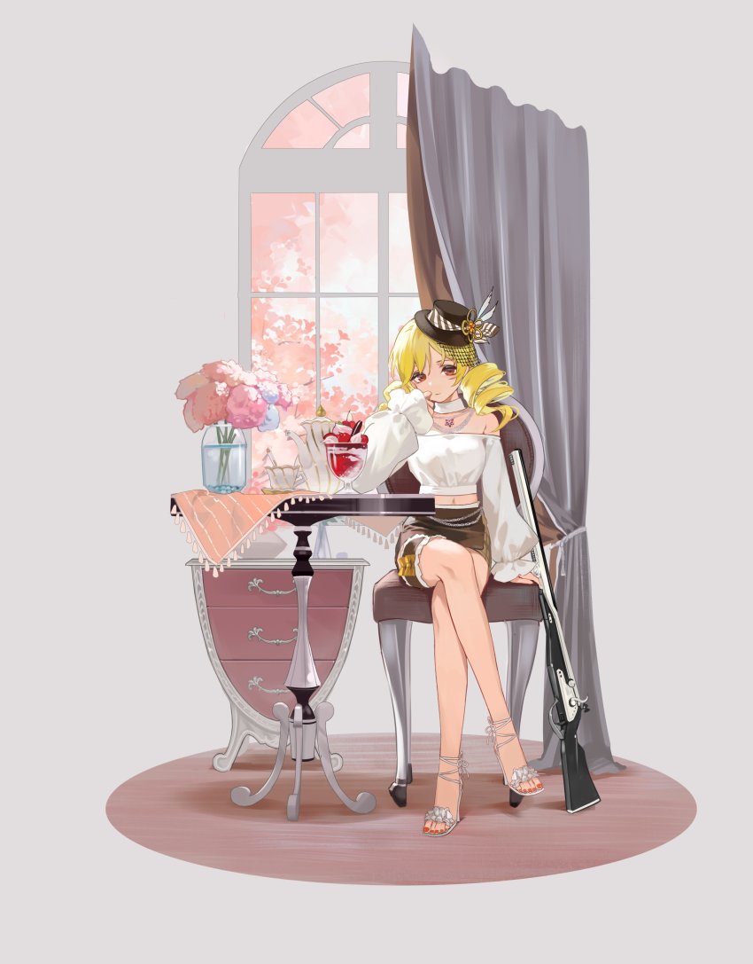 1girl, absurdres, acr_(ars4443), ankle_ribbon, arm_at_side, belly_chain, black_choker, black_hat, blonde_hair, blue_flower, bow, branch, breasts, brown_skirt, chain, chair, cherry, cherry_blossoms, choker, crossed_legs, cup, curtains, diagonal-striped_bow, drill_hair, elbow_rest, flower, food, frilled_sleeves, frills, fruit, grey_background, gun, hat, hat_feather, high_heel_sandals, high_heels, highres, ice_cream, jewelry, large_breasts, leg_ribbon, legs, long_legs, long_sleeves, looking_at_viewer, mahou_shoujo_madoka_magica, mahou_shoujo_madoka_magica_(anime), midriff_peek, mini_hat, mini_top_hat, nail_polish, navel, necklace, nightstand, off_shoulder, on_chair, open_shoes, orange_bow, orange_eyes, orange_flower, pink_flower, plaid_clothes, plaid_skirt, puffy_long_sleeves, puffy_sleeves, purple_flower, red_nails, ribbon, rifle, sandals, saucer, side_slit, simple_background, sitting, skirt, smile, solo, soul_gem, striped_bow, swept_bangs, table, tablecloth, tassel, teacup, teapot, toenails, toes, tomoe_mami, top_hat, tree, twin_drills, vase, water, weapon, whipped_cream, white_footwear, white_ribbon, window