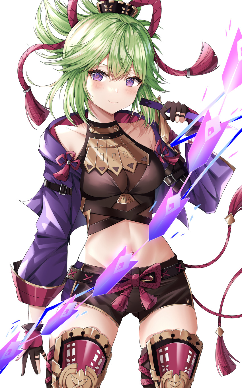 1girl, absurdres, armor, blush, breasts, cleavage, closed_mouth, cowboy_shot, crop_top, cropped_jacket, dagger, electricity, genshin_impact, gloves, green_hair, hair_ornament, highres, holding, holding_dagger, holding_knife, holding_weapon, jacket, knife, kuki_shinobu, leg_armor, looking_at_viewer, medium_breasts, midriff, navel, partially_fingerless_gloves, ponytail, purple_eyes, purple_jacket, rope, sachiko_nya, shimenawa, short_ponytail, short_shorts, shorts, shoulder_armor, simple_background, smile, solo, stomach, tassel, thighhighs, thighs, weapon, white_background