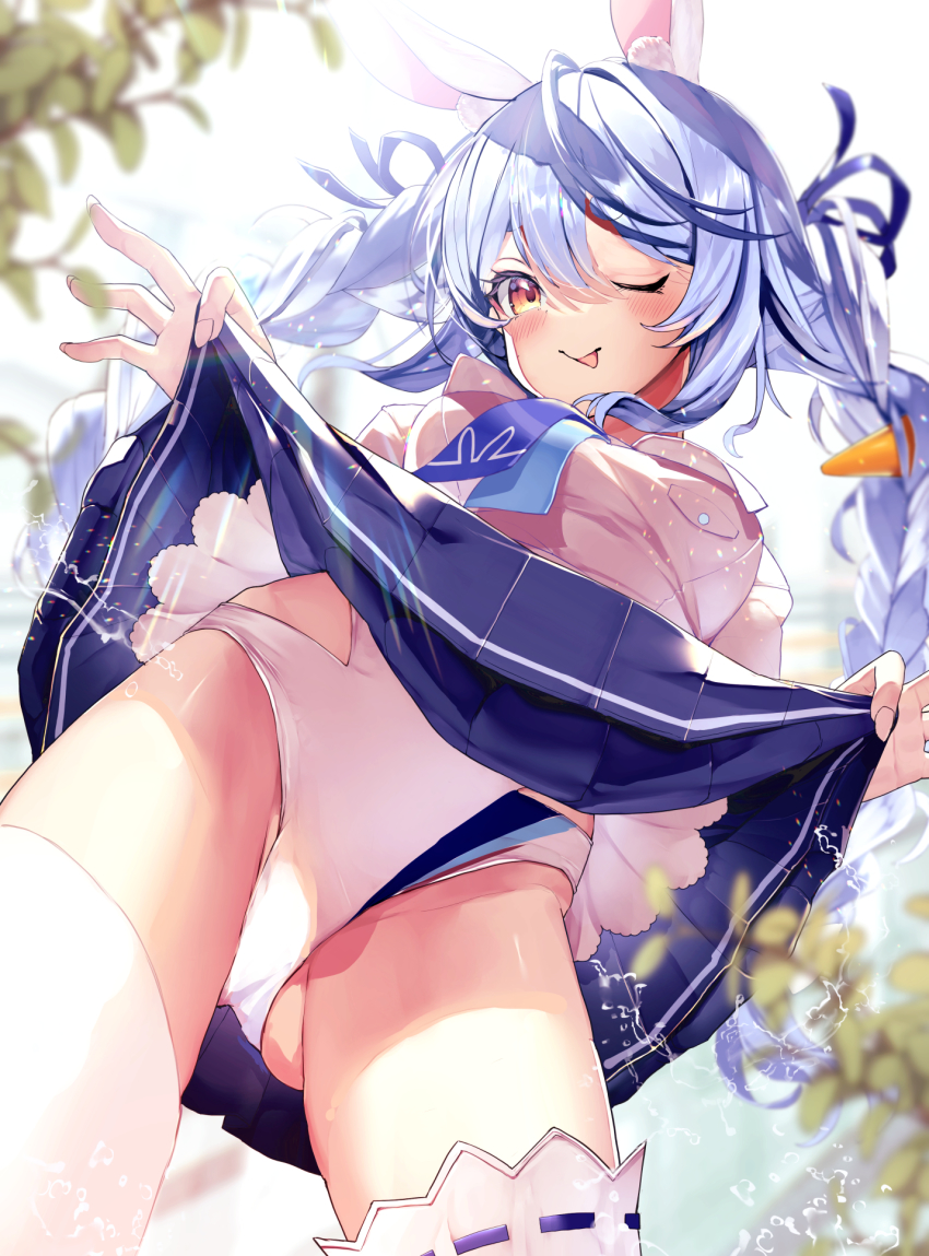 1girl, animal_ear_fluff, animal_ears, blue_hair, blush, braid, carrot_hair_ornament, clothes_lift