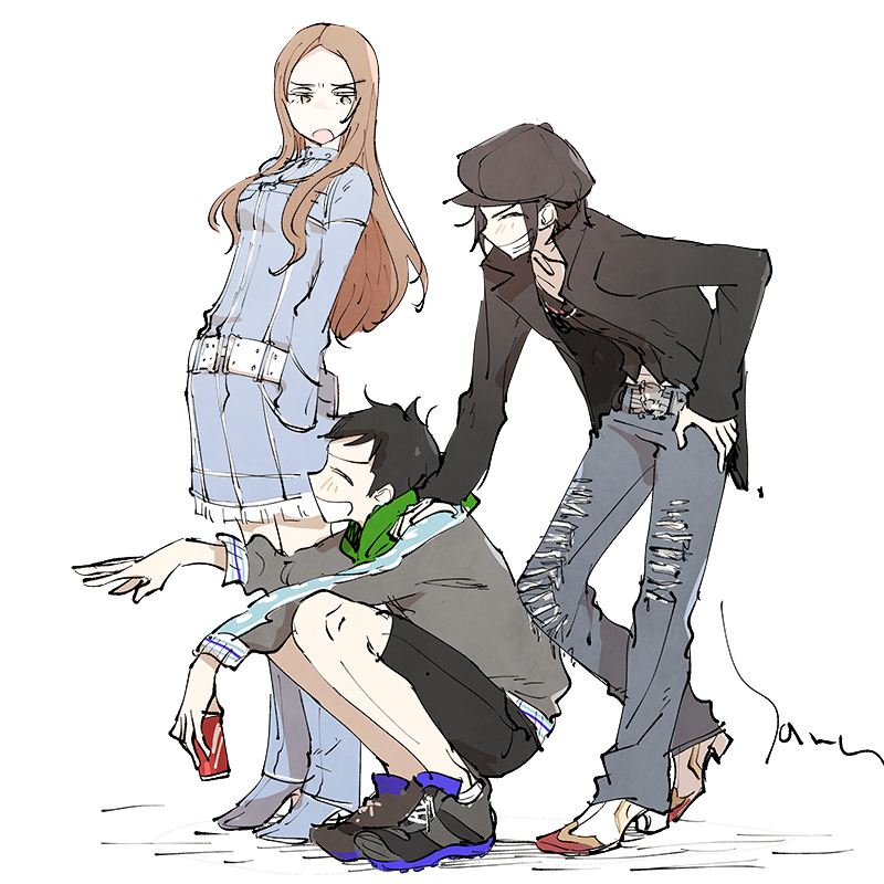 1girl, 2boys, black_hair, black_shorts, boots, brown_hair, commentary_request, demi-fiend