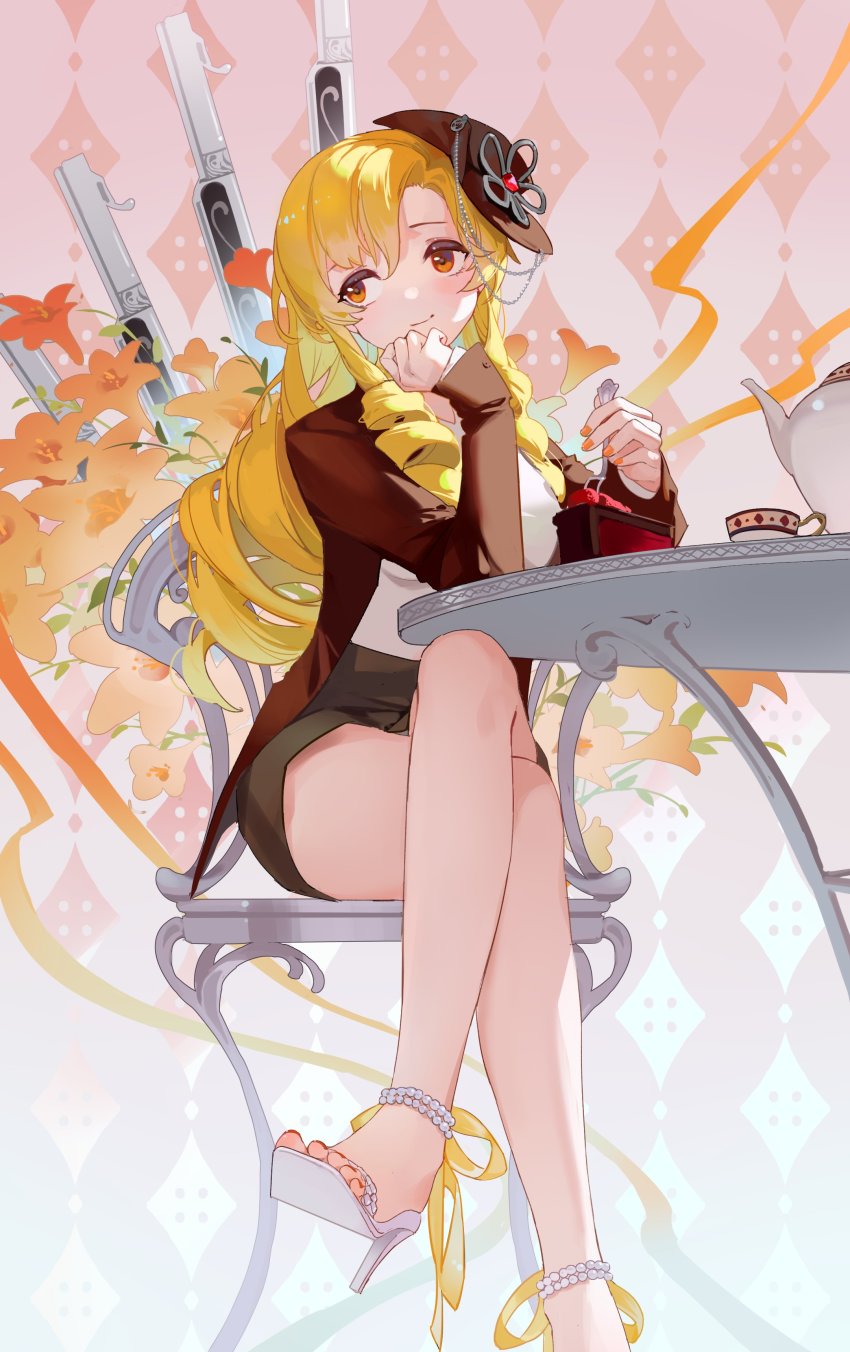 1girl, absurdres, acr_(ars4443), ankle_ribbon, argyle_background, argyle_clothes, blazer, blonde_hair, breasts, brown_hat, brown_shorts, cake, cake_slice, chain, chair, chocolate_cake, clenched_hand, closed_mouth, crossed_legs, cup, curly_hair, drill_hair, drill_sidelocks, elbow_rest, fingernails, flower, food, foot_out_of_frame, fork, gem, gradient_background, gun, hair_down, hat, hat_flower, head_tilt, high-waist_shorts, high_heel_sandals, high_heels, highres, holding, holding_fork, jacket, large_breasts, leaf, leg_ribbon, legs, long_hair, long_legs, looking_to_the_side, magical_musket_(madoka_magica), mahou_shoujo_madoka_magica, mahou_shoujo_madoka_magica_(anime), nail_polish, on_chair, orange_eyes, orange_flower, orange_nails, pearl_anklet, pink_background, red_gem, red_jacket, ribbon, rifle, ringlets, sandals, shirt, shorts, sidelocks, simple_background, sitting, solo, swept_bangs, table, teacup, teapot, toenails, tomoe_mami, v-neck, weapon, white_background, white_footwear, white_shirt, yellow_ribbon