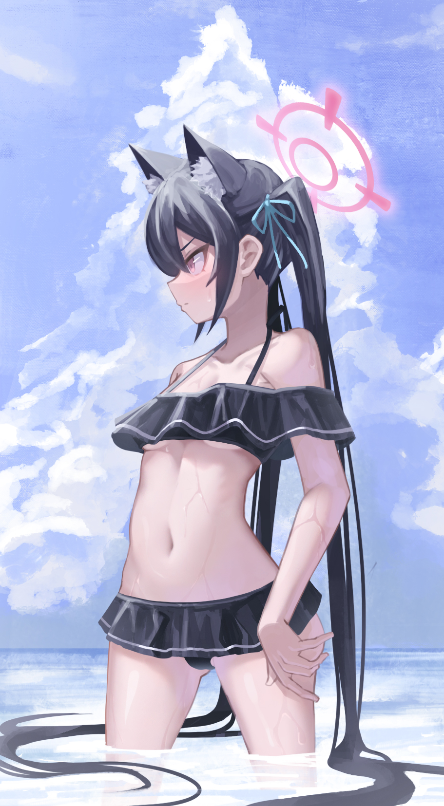 1girl, animal_ear_fluff, animal_ears, bare_shoulders, bikini, black_bikini, black_hair, blue_archive