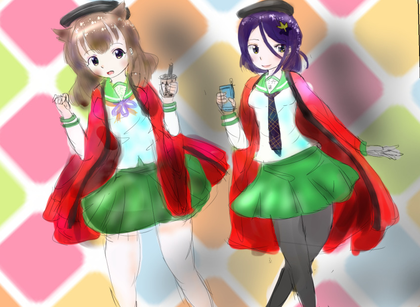 2girls, green_skirt, multiple_girls, school_uniform, shibuhachi-tan, shibuto-tan, skirt