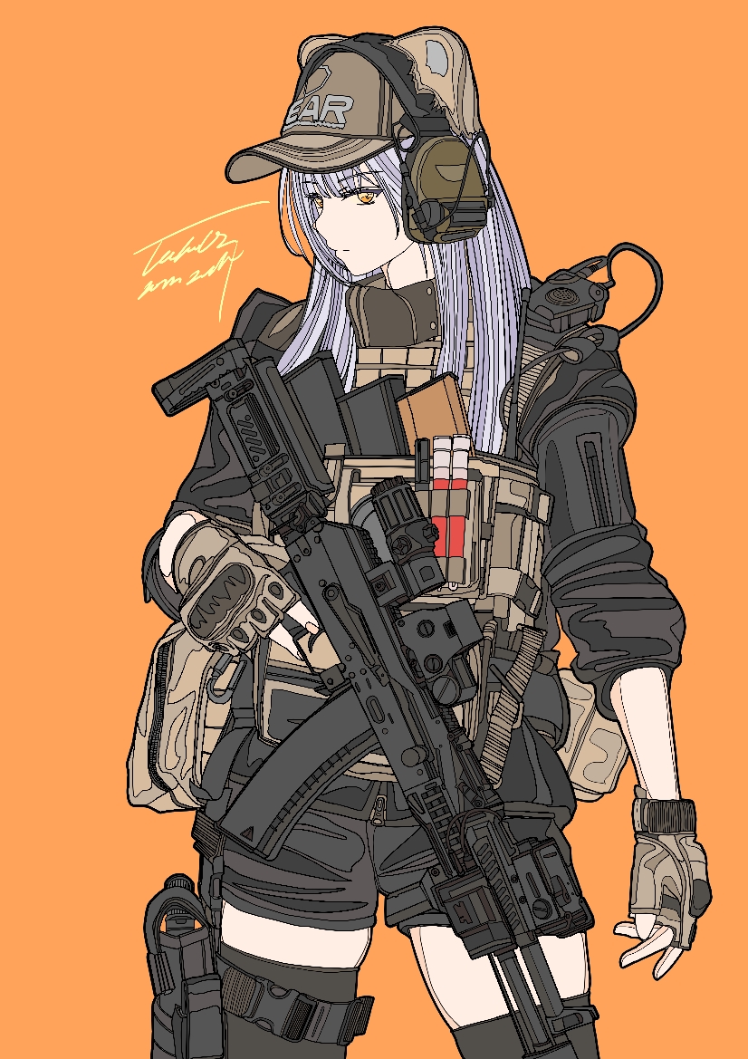 1girl, ak-74m, ammunition_pouch, animal_ear_headwear, assault_rifle, bulletproof_vest, escape_from_tarkov, fake_animal_ears, gloves, glowstick, gun, hat, headset, kalashnikov_rifle, long_hair, looking_at_viewer, orange_background, orange_eyes, original, pouch, rifle, scope, shorts, signature, sleeves_rolled_up, takao02, thighhighs, trigger_discipline, weapon, white_hair