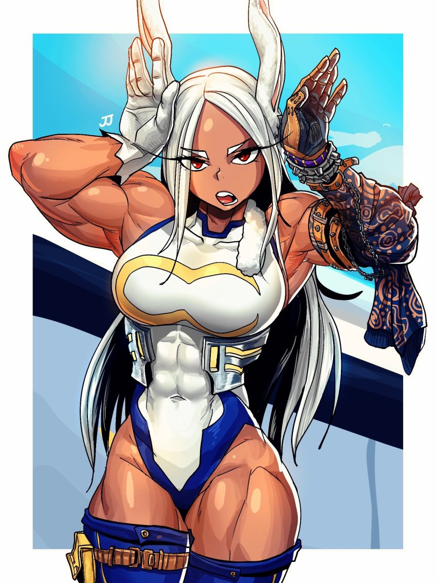 1girl, abs, animal_ears, boku_no_hero_academia, breasts, dark-skinned_female, dark_skin, gloves, heattech_leotard, highres, large_breasts, leotard, long_bangs, long_eyelashes, long_hair, looking_at_viewer, mirko, muscular, muscular_female, rabbit_ears, rabbit_pose, red_eyes, solo, sparkeyjinjin, thick_thighs, thighhighs, thighs, turtleneck, white_hair