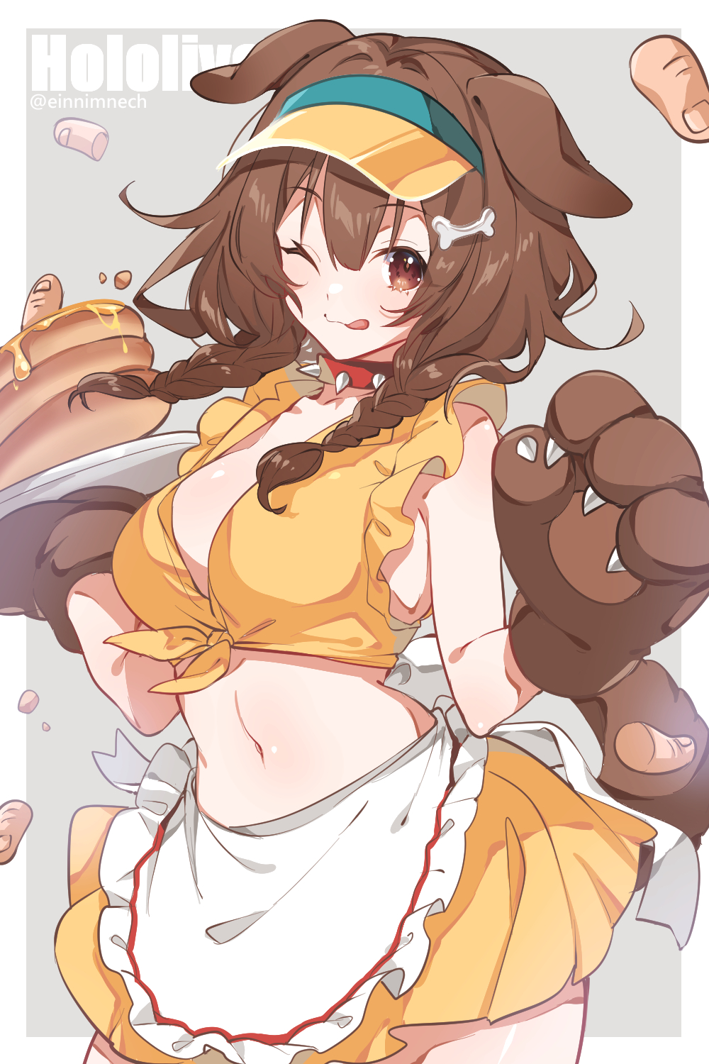 1girl, 88_(einnimnech), ;q, animal_ears, animal_hands, apron, bare_arms, braid, brown_hair, crop_top, dog_ears, dog_girl, dog_tail, doggy_god's_street, food, gloves, grey_background, hair_between_eyes, highres, holding, holding_tray, hololive, inugami_korone, long_hair, looking_at_viewer, miniskirt, navel, one_eye_closed, outside_border, pancake, pancake_stack, paw_gloves, severed_finger, skirt, solo, swimsuit, tail, tongue, tongue_out, tray, twin_braids, virtual_youtuber, visor_cap, waist_apron, white_apron, yellow_skirt