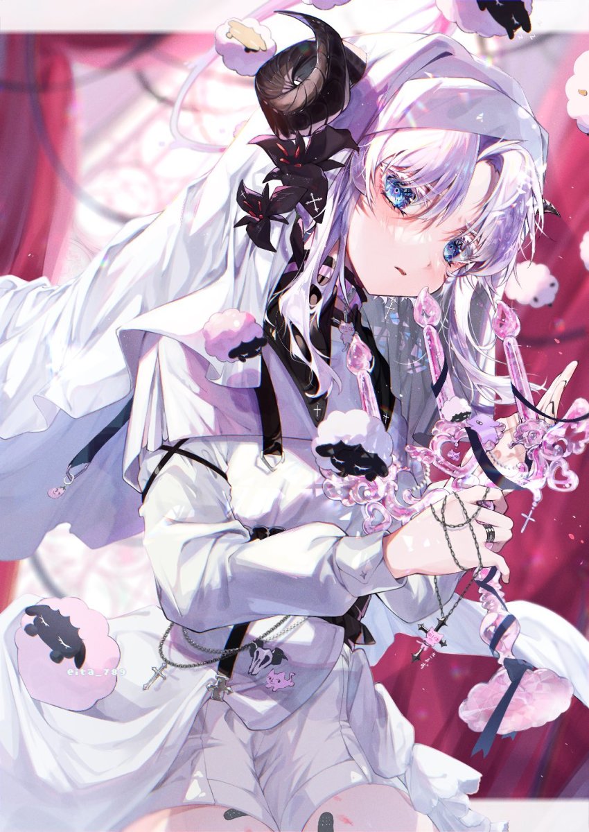 1boy, aegyo_sal, blue_eyes, candle, cross, demon_boy, demon_horns, dress, eita_789, fumi_(eita_789), habit, highres, horns, nun, nun_headdress, original, stuffed_toy, trap, white_dress, white_hair