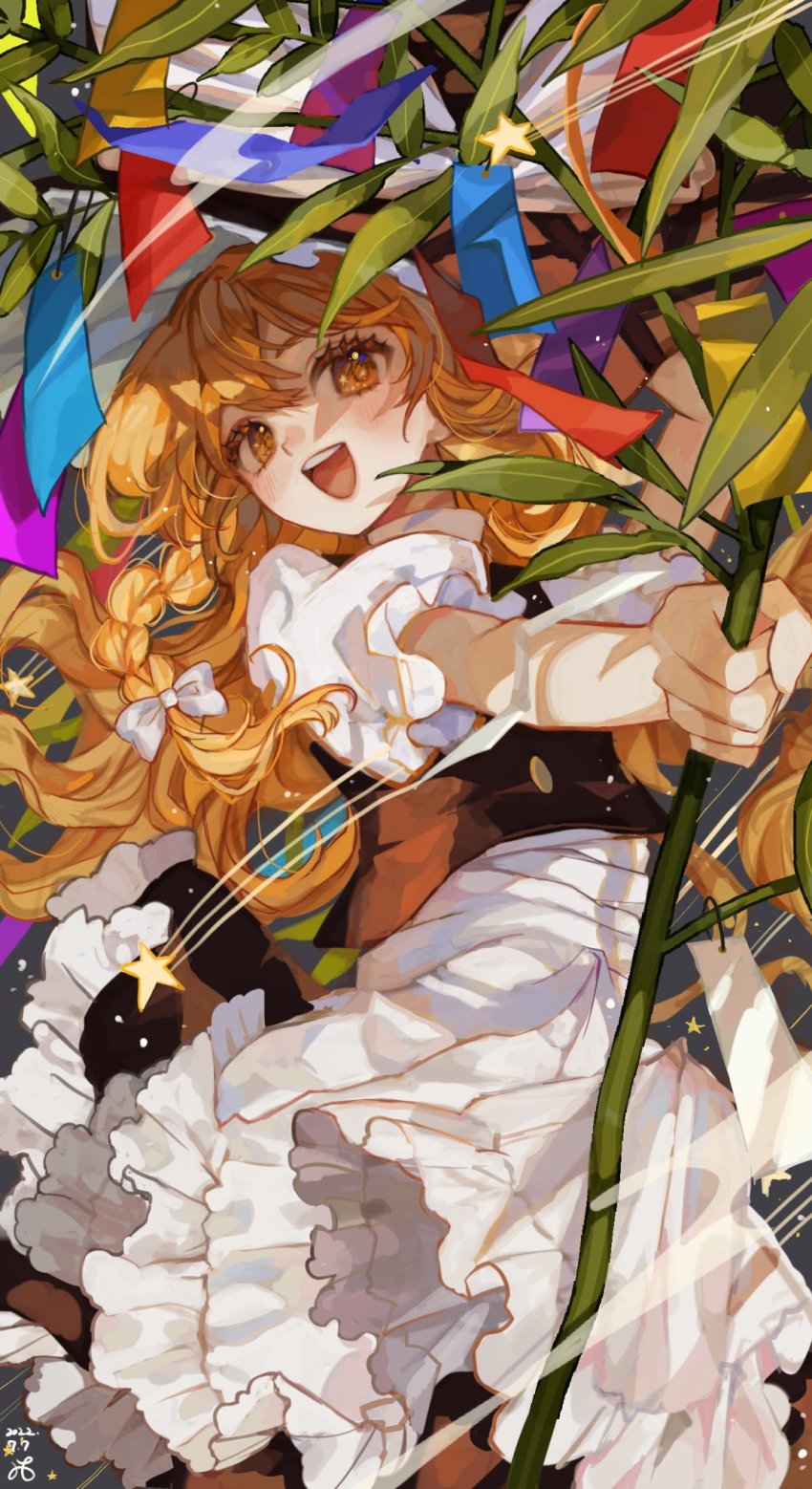 1girl, :d, apron, bad_id, bad_twitter_id, black_hat, black_vest, blonde_hair, bow, braid, buttons, commentary, cowboy_shot, dated, frilled_apron, frilled_hat, frilled_sleeves, frills, hair_bow, hat, hat_bow, highres, holding, kirisame_marisa, long_hair, looking_at_viewer, ofgwr, open_mouth, orange_eyes, puffy_short_sleeves, puffy_sleeves, shirt, shooting_star, short_sleeves, signature, single_braid, smile, solo, star_(symbol), tanabata, tanzaku, teeth, touhou, upper_teeth_only, vest, waist_apron, white_apron, white_bow, white_shirt, witch_hat