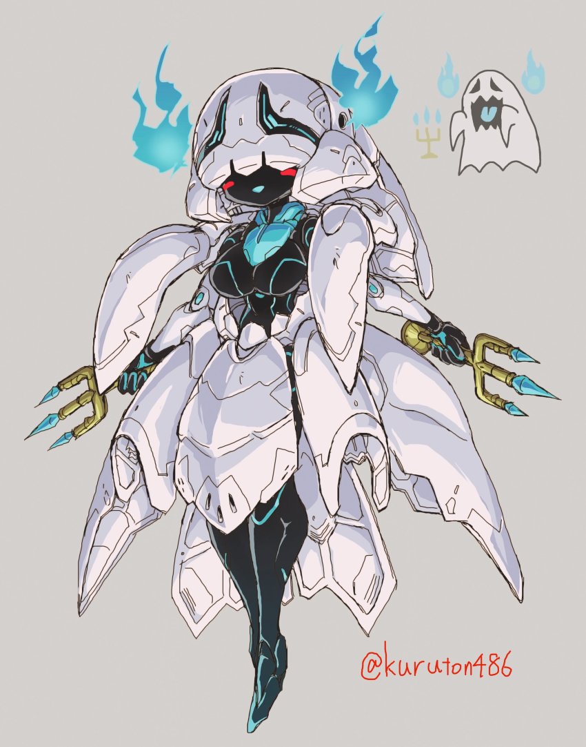 1girl, absurdres, android, blue_fire, breasts, candle, covered_eyes, fire