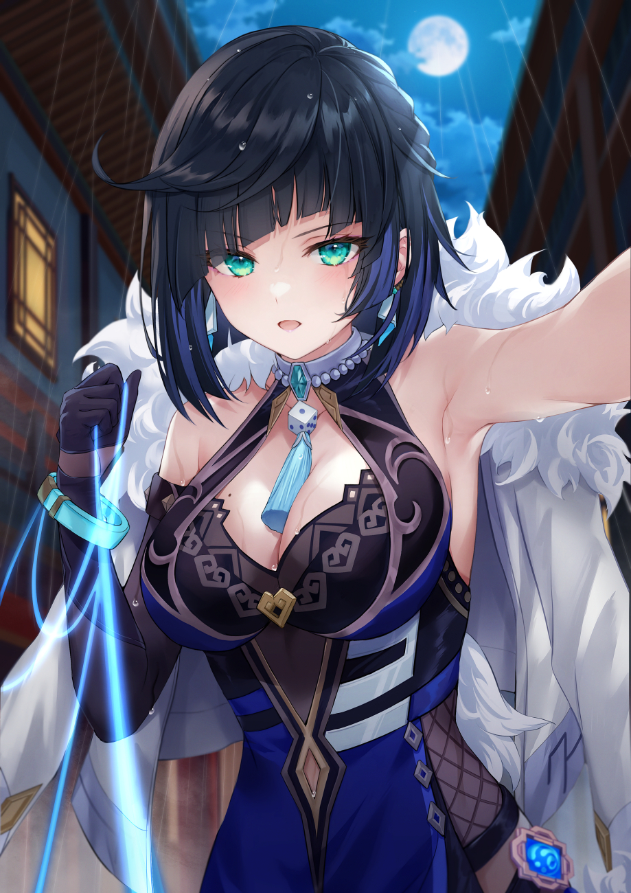 1girl, asymmetrical_gloves, bare_shoulders, black_hair, blue_dress, blue_hair, blush, bob_cut, breasts, cleavage, cleavage_cutout, clothing_cutout, commentary_request, diagonal_bangs, dice, dress, earrings, femdom, full_moon, fur-trimmed_jacket, fur_trim, genshin_impact, gloves, green_eyes, higeneko, highres, jacket, jacket_on_shoulders, jewelry, large_breasts, looking_at_viewer, mismatched_gloves, mole, mole_on_breast, moon, multicolored_hair, neck_ring, night, open_mouth, pelvic_curtain, rain, short_hair, sky, solo, tassel, thread, two-tone_hair, vision_(genshin_impact), white_jacket, yelan_(genshin_impact)
