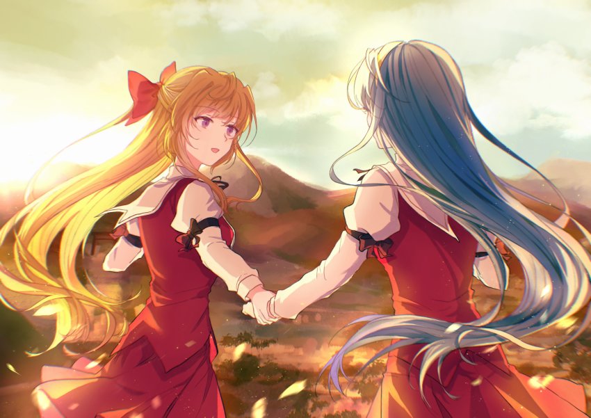 2girls, absurdres, blonde_hair, blue_hair, floating_hair, from_behind, hairband, half_updo