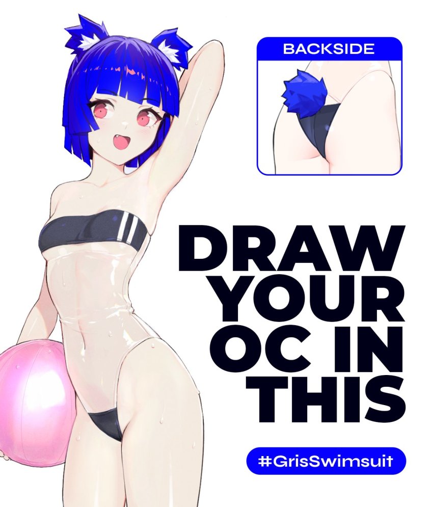1girl, :d, animal_ears, arm_behind_head, arm_up, armpits, ball, beachball, bear_tail, blue_hair, blunt_bangs, blunt_ends, breasts, casual_one-piece_swimsuit, clothing_cutout, collarbone, commentary, cowboy_shot, english_commentary, fang, go!_go!_gris!, gris_(go!_go!_gris!), gris_swimsuit, hashtag, highres, holding, holding_ball, looking_at_viewer, multiple_views, navel, one-piece_swimsuit, open_mouth, original, pink_eyes, see-through_clothes, see-through_one-piece_swimsuit, shiny_clothes, short_hair, small_breasts, smile, strapless, strapless_one-piece_swimsuit, swimsuit, tail, tail_through_clothes, tongue, underboob, vertigris, wet, white_background