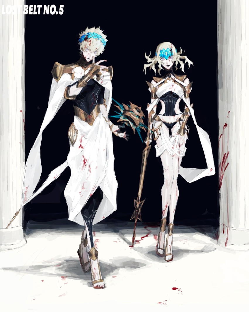 1boy, 1girl, ancient_greek_clothes, bad_id, bad_pixiv_id, blonde_hair, blood, castor_(fate)