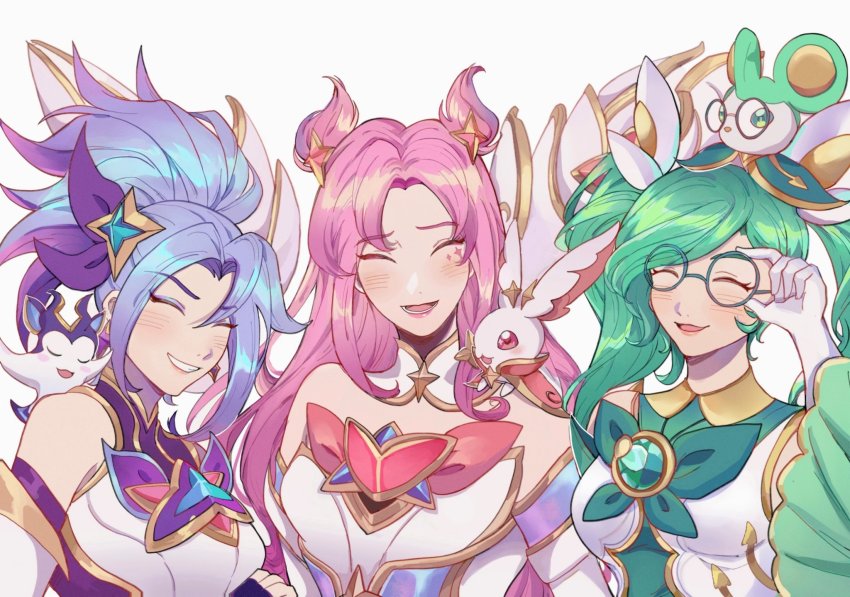 3girls, adjusting_eyewear, akali, bare_shoulders, blue_hair, blush, bow, bowtie, closed_eyes, detached_sleeves, facing_viewer, fingerless_gloves, gem, glasses, gloves, green_bow, green_bowtie, green_hair, hair_horns, hair_ornament, highres, kai'sa, league_of_legends, little_legend, long_hair, multiple_girls, open_mouth, parasol_x768, pink_hair, ponytail, purple_ribbon, ribbon, round_eyewear, sona_(league_of_legends), star_guardian_(league_of_legends), star_guardian_akali, star_guardian_kai'sa, star_guardian_sona, upper_body, white_gloves