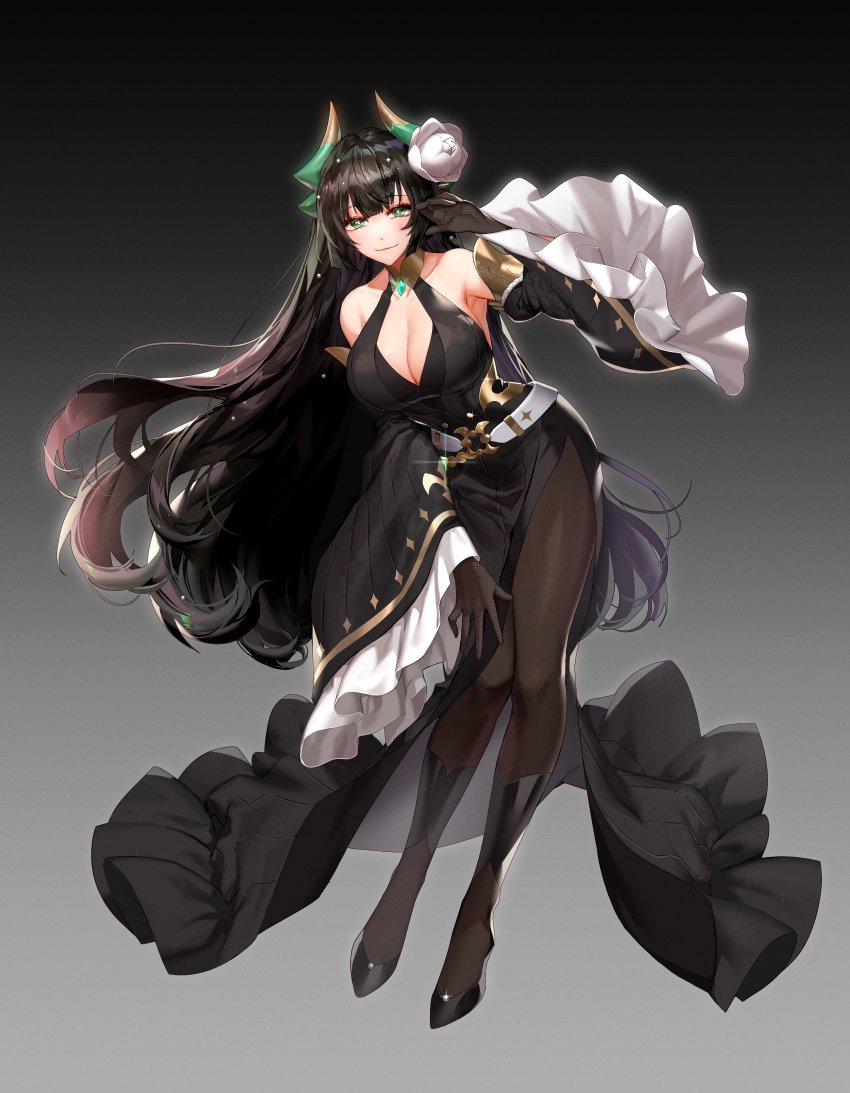 1girl, absurdres, armor, bare_shoulders, belt, black_background, black_dress, black_footwear