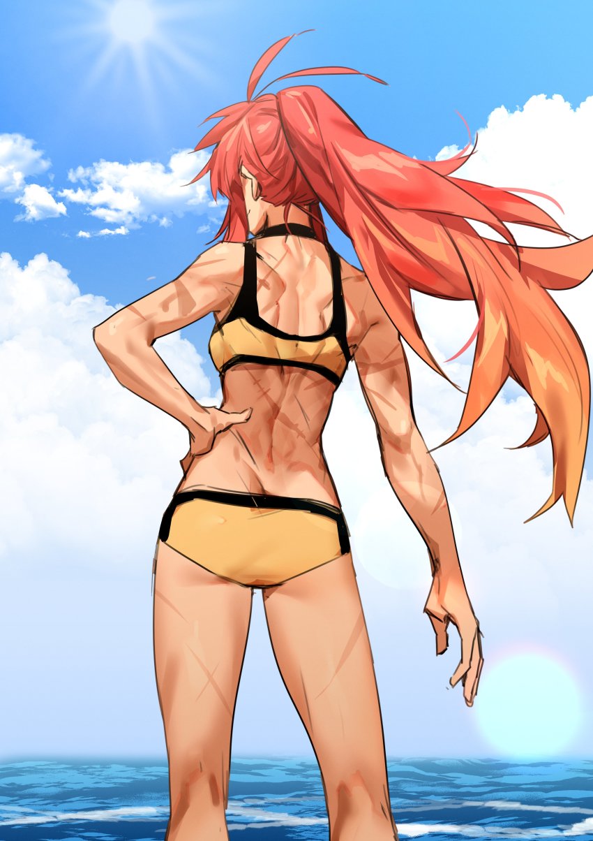 1girl, absurdres, antenna_hair, arm_at_side, ass, bikini, breasts, butt_crack