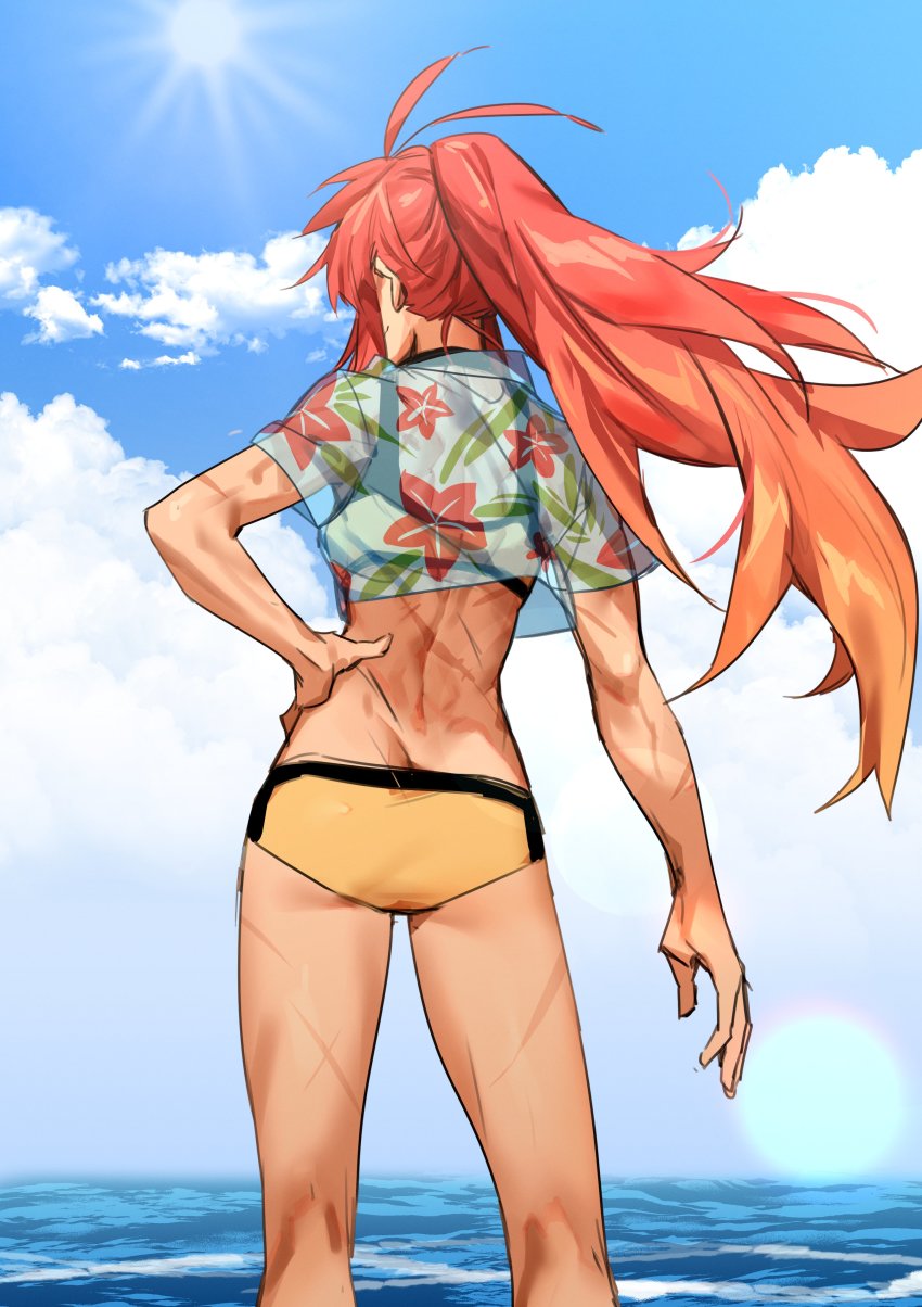 1girl, absurdres, antenna_hair, arm_at_side, ass, bikini, bikini_under_clothes, blue_shirt