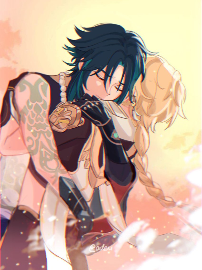 aether_(genshin_impact), arm_tattoo, black_gloves, black_hair, black_shirt, blonde_hair, braid, crop_top