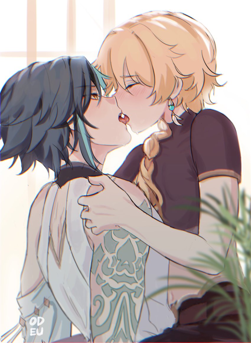 2boys, absurdres, aether_(genshin_impact), ahoge, arm_tattoo, black_hair, blonde_hair, blurry, blurry_foreground, braid, closed_eyes, earrings, french_kiss, genshin_impact, hand_on_another's_shoulder, hane_(odeu), highres, jewelry, kiss, long_hair, male_focus, midriff, multicolored_hair, multiple_boys, plant, short_hair, single_braid, streaked_hair, tassel, tassel_earrings, tattoo, xiao_(genshin_impact), yaoi