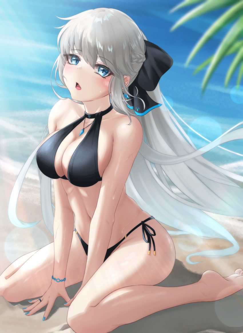 1girl, absurdres, bag, bare_arms, bare_legs, barefoot, beach, between_legs