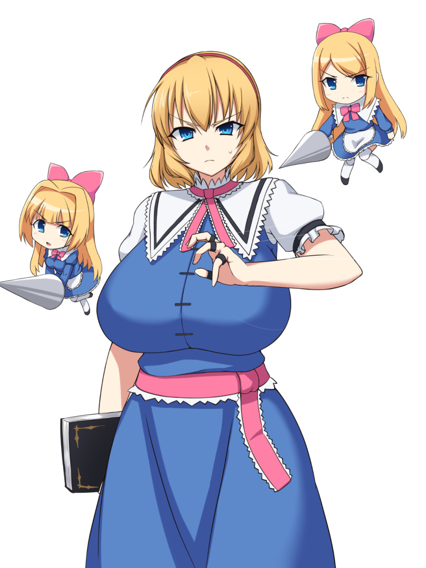 alice_margatroid, apron, ascot, blonde_hair, blue_dress, blue_eyes, book, breasts