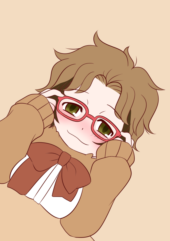1girl, :3, blush, bow, bowtie, brown_hair, closed_mouth, commentary_request, fur_collar, glasses, green_eyes, kemono_friends, linnaeus's_two-toed_sloth_(old_design)_(kemono_friends), long_sleeves, looking_at_viewer, messy_hair, multicolored_hair, parted_bangs, ribbon, sasuke10g, shirt, short_hair, simple_background, sleeves_past_wrists, smile, solo
