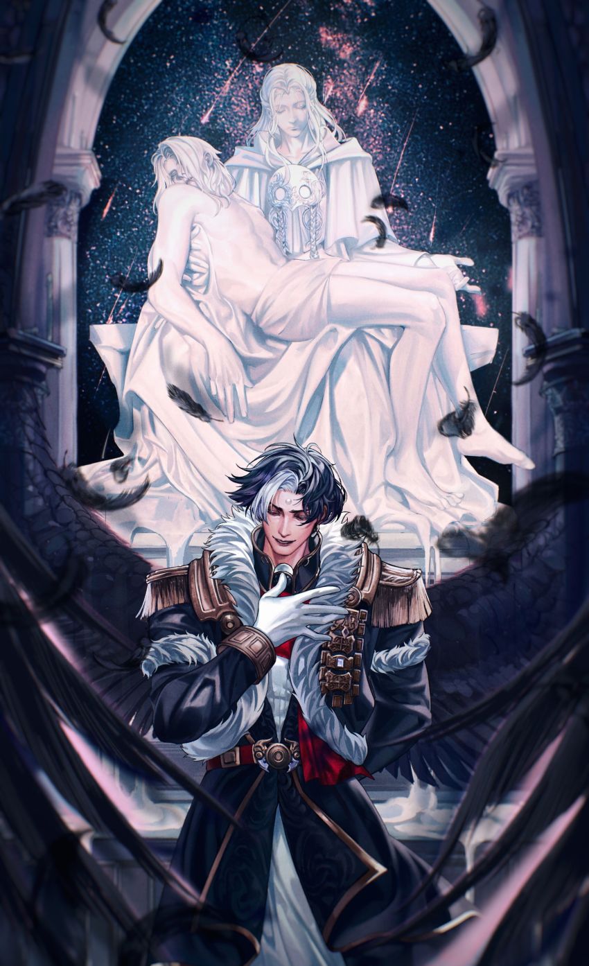 1girl, 2boys, absurdres, anthonykaen, arch, arm_behind_back, barefoot, belt