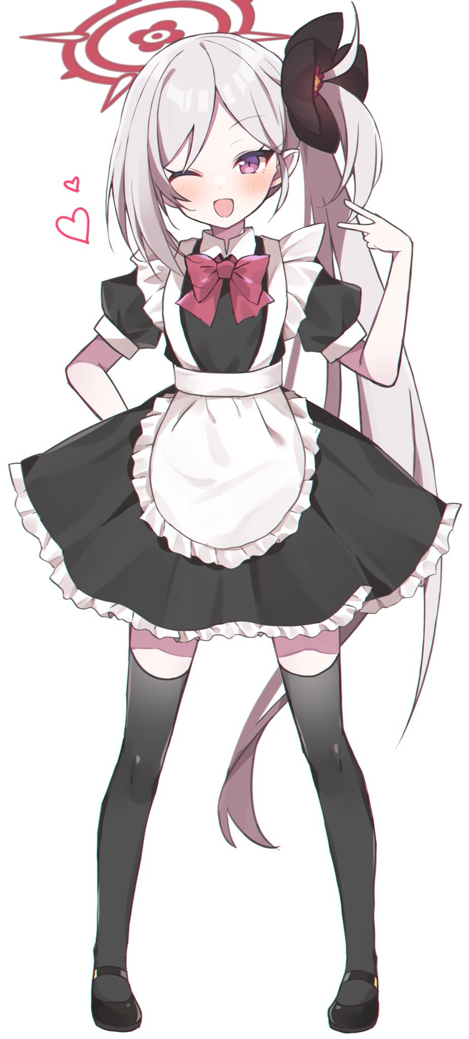 alternate_costume, apron, arm_up, black_dress, black_thighhighs, blue_archive, bow, dress