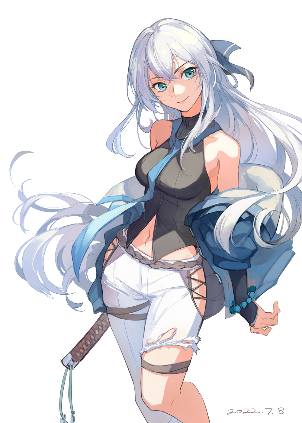 1girl, alternate_costume, bead_bracelet, beads, black_shirt, blue_eyes, blue_jacket, blue_necktie