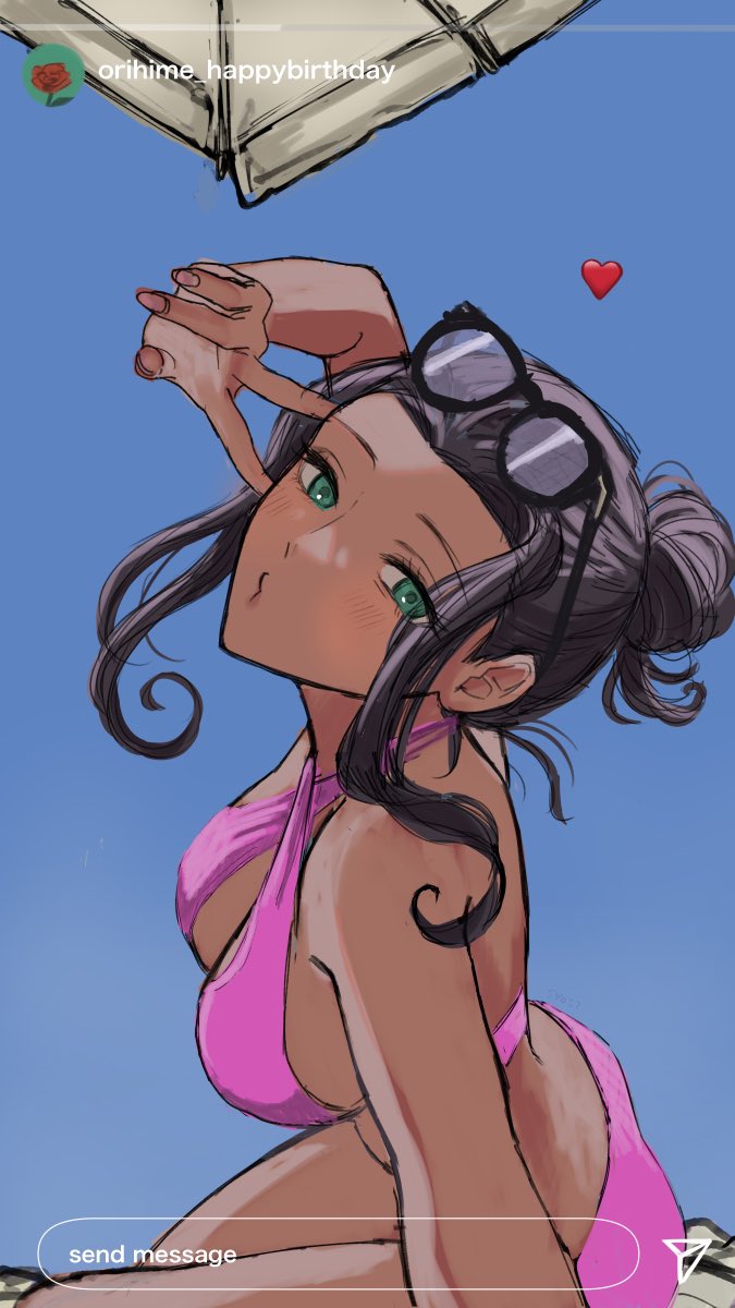 1girl, back, bikini, black_hair, blowing_kiss, blush, breasts, dark-skinned_female