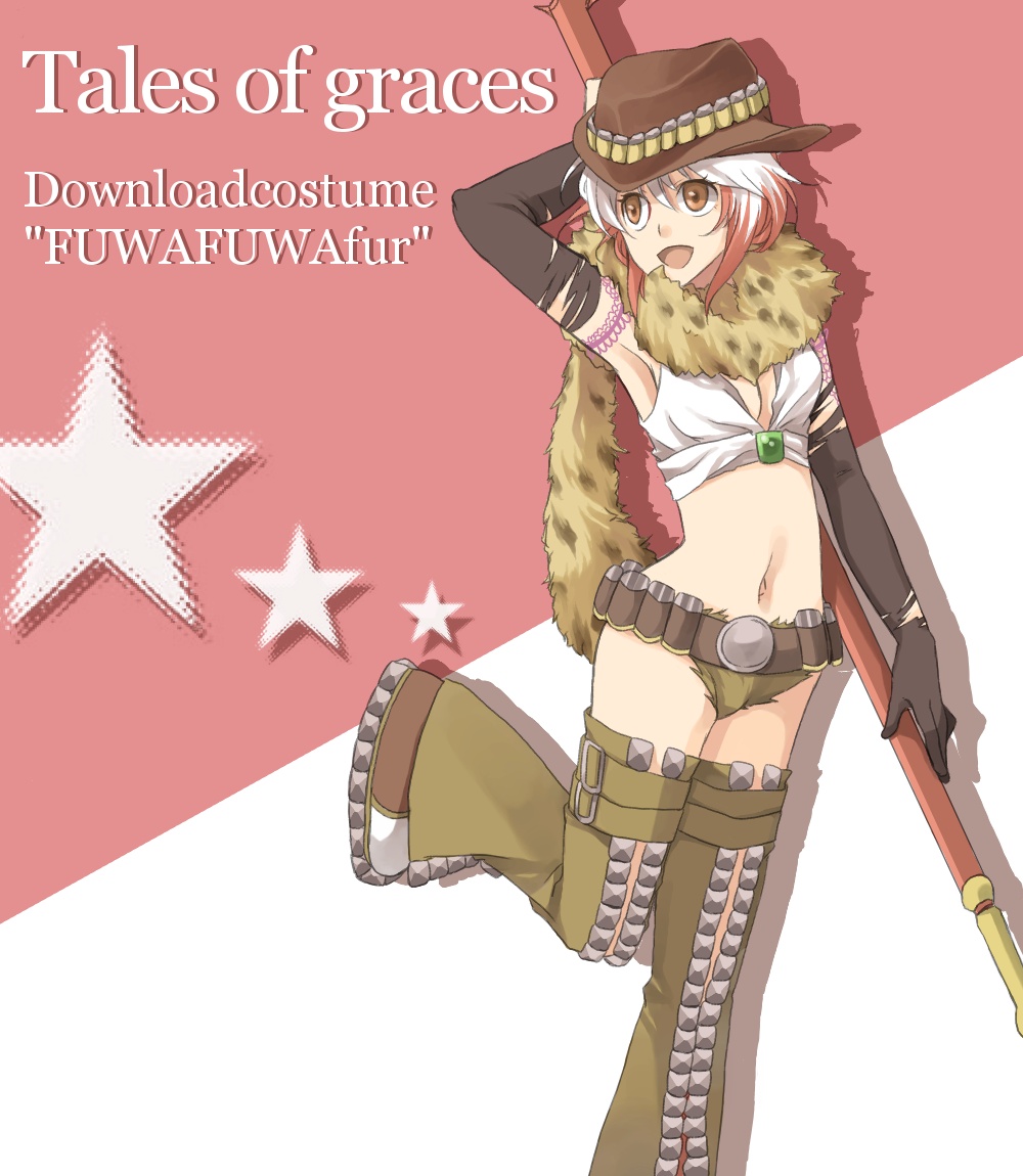 1girl, bad_id, bad_pixiv_id, belt, brown_eyes, copyright_name, crop_top, female_focus, gloves, hat, midriff, multicolored_hair, official_alternate_costume, pascal_(skimpy_cowgirl)_(tales), pascal_(tales), red_hair, shibanashi_miso, short_shorts, shorts, solo, tales_of_(series), tales_of_graces, torn_clothes, torn_gloves, two-tone_hair, una, white_hair