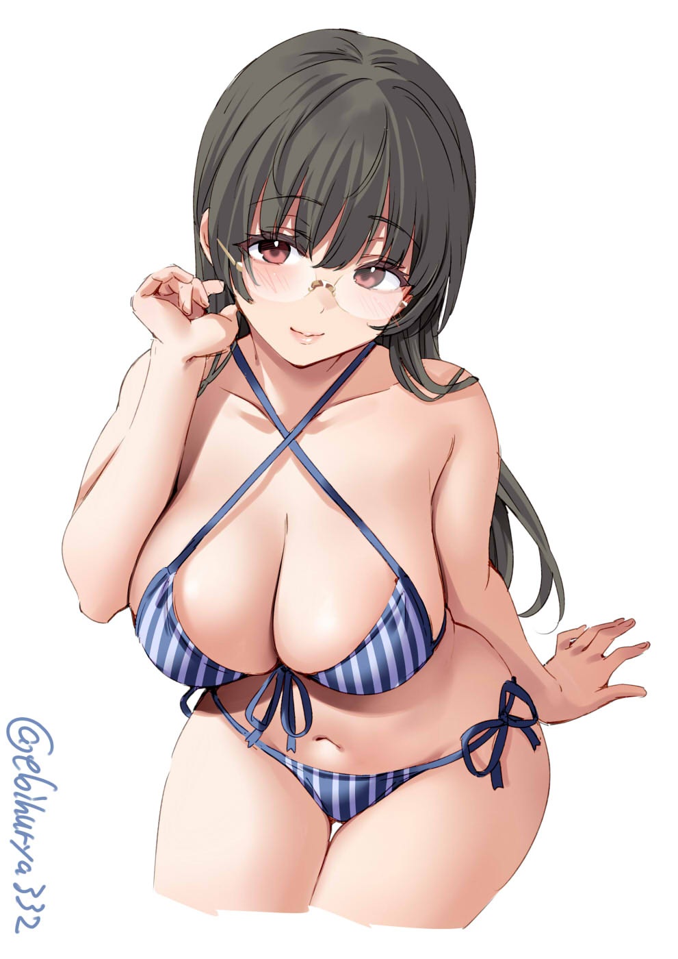 1girl, alternate_costume, bikini, black_hair, blue_bikini, breasts, brown_hair, choukai_(kancolle), choukai_(swimsuit)_(kancolle), cleavage, collarbone, cowboy_shot, cropped_legs, ebifurya, glasses, hair_between_eyes, hair_ornament, hand_on_own_face, highres, kantai_collection, large_breasts, lips, long_hair, looking_at_viewer, navel, one-hour_drawing_challenge, red_eyes, rimless_eyewear, side-tie_bottom, simple_background, smile, solo, striped_bikini, striped_clothes, swimsuit, twitter_username, white_background, white_bikini