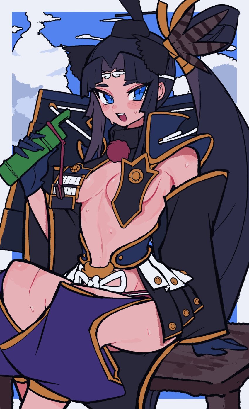 1girl, :d, armor, ass, balcony, bamboo_cup, bare_shoulders, black_gloves