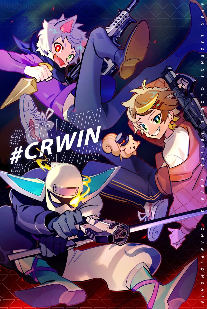 3boys, animal_ears, apex_legends, assault_rifle, b3_wingman, black_pants, blonde_hair, brown_hair, cat_boy, cat_ears, crazy_raccoon, glowing, glowing_eye, green_eyes, grey_hair, gun, handgun, hemlok, heterochromia, highres, holding, holding_knife, jiro_(regoied), knife, mainy, male_focus, multicolored_hair, multiple_boys, ninja, pants, ras_(crazy_raccoon), red_eyes, revolver, rifle, shoes, sneakers, squirrel, streaked_hair, vk-47_flatline, weapon, white_footwear, zeder