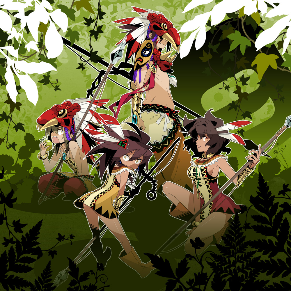 2boys, 2girls, apple, atlus, beast_king_(sekaiju), beast_king_1_(sekaiju), beast_king_2_(sekaiju), beast_king_3_(sekaiju), beast_king_4_(sekaiju), brown_hair, dark_skin, etrian_odyssey, facial_mark, feathers, food, fruit, makita, mask, multiple_boys, multiple_girls, polearm, sekaiju_no_meikyuu, sekaiju_no_meikyuu_3, spear, tribal, weapon