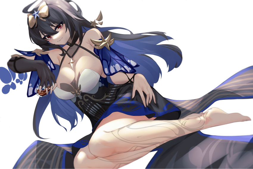 1girl, absurdres, ahoge, bare_shoulders, barefoot, black_gloves, blue_hair, breasts