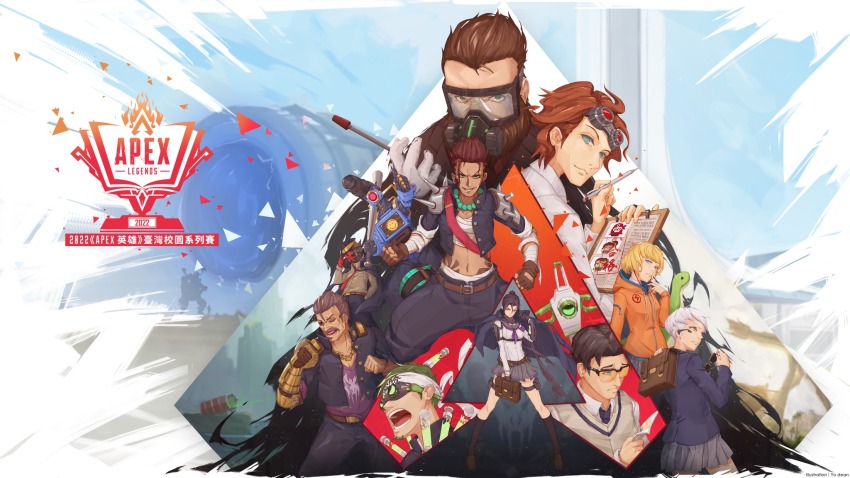 5boys, 5girls, alternate_costume, apex_legends, artist_name, aviator_sunglasses, baseball_bat, beard