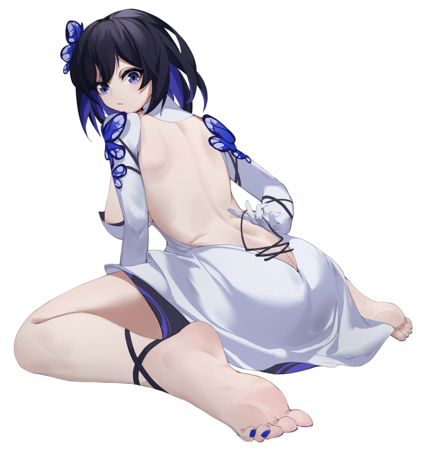 1girl, absurdres, ass, backless_dress, backless_outfit, blue_eyes, blue_flower, blue_hair