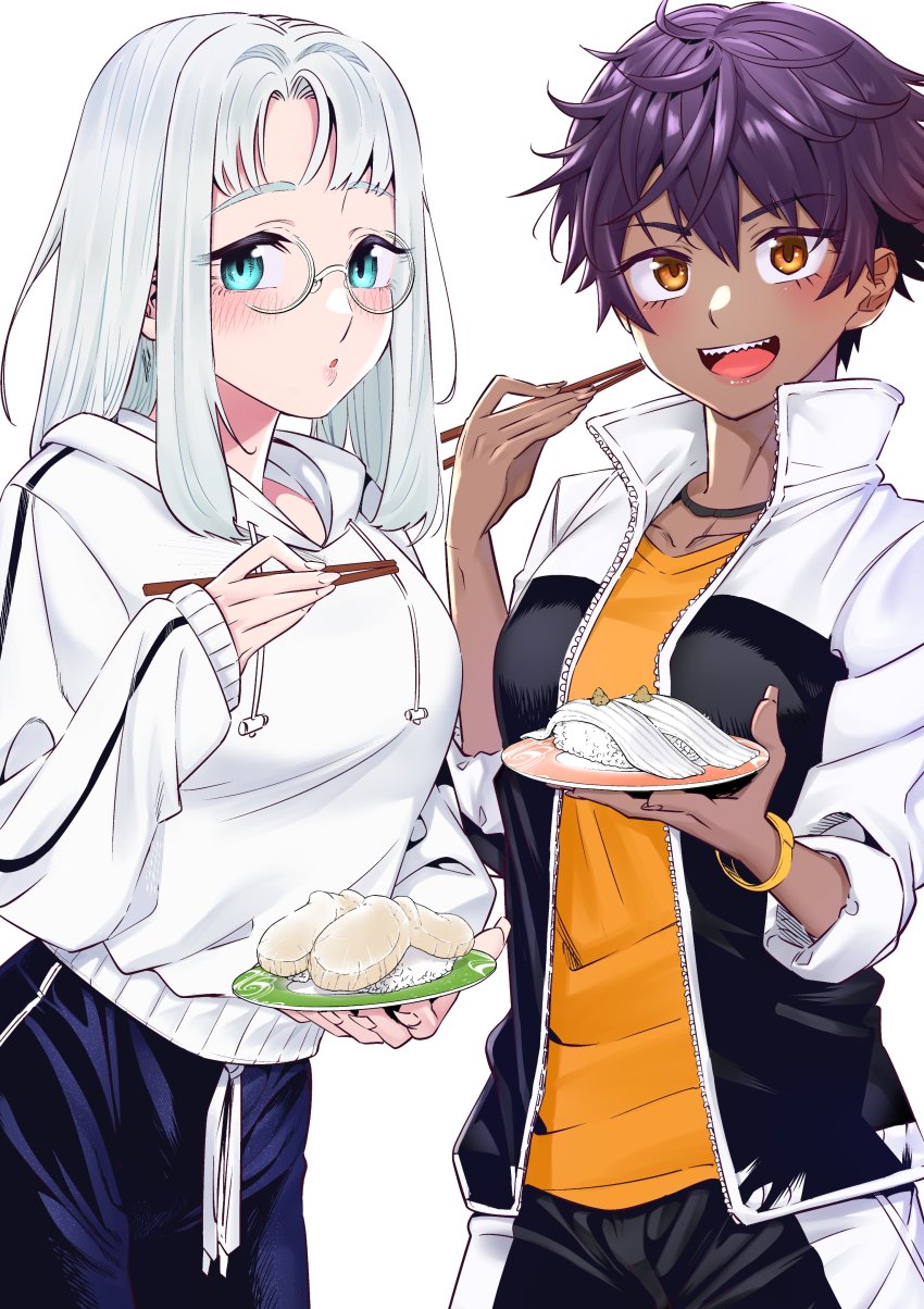 2girls, absurdres, asuka_(dosanko_gyaru_wa_namaramenkoi), black_hair, black_jacket, black_shorts, blue_eyes, blue_pants