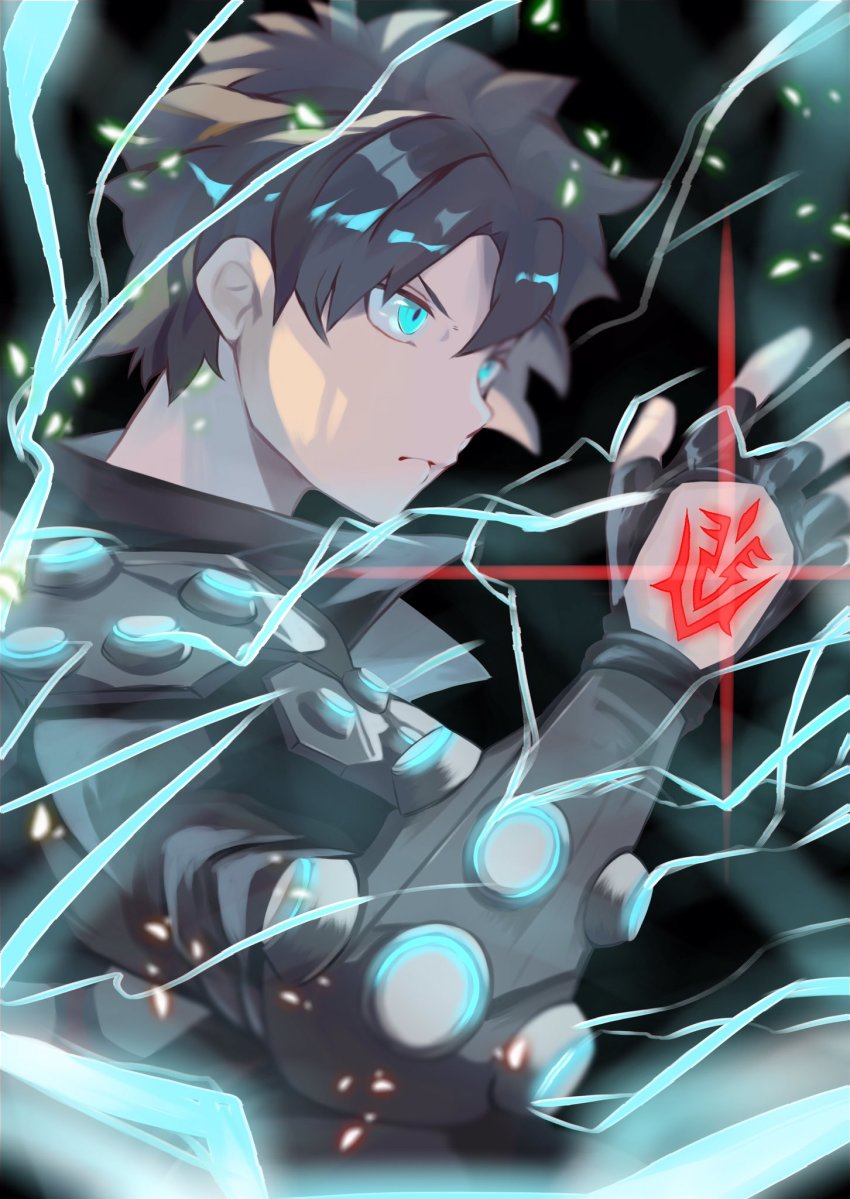 1boy, armor, black_hair, blue_eyes, command_spell, energy, fate/grand_order, fate_(series)
