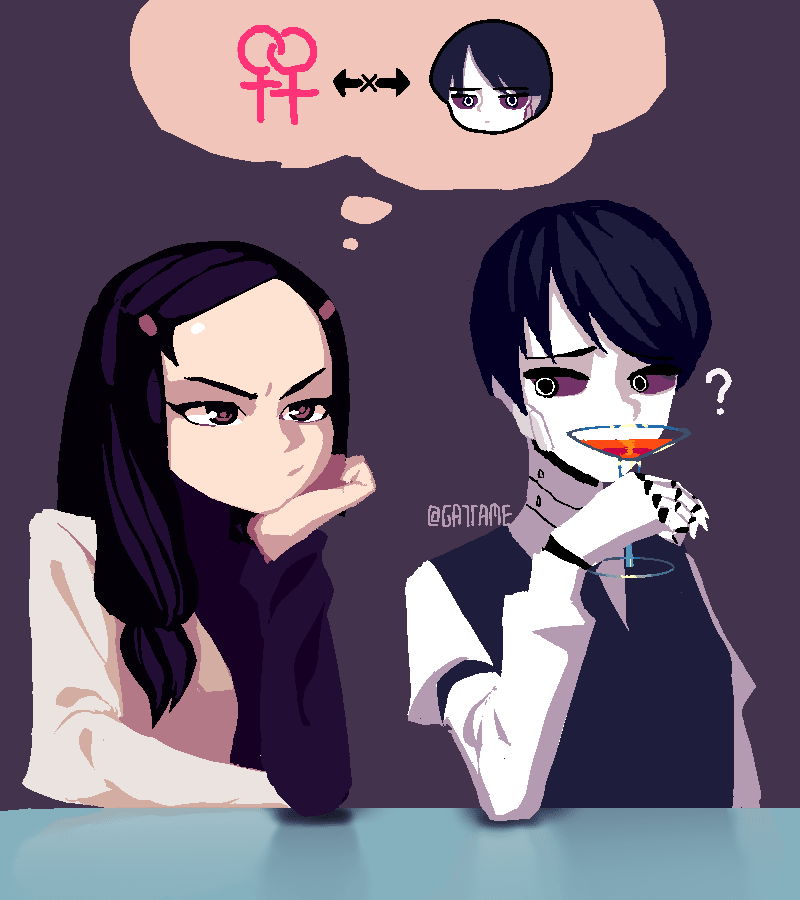 1boy, 1girl, ?, android, betty_(va-11_hall-a), black_hair, brown_eyes, cocktail_glass