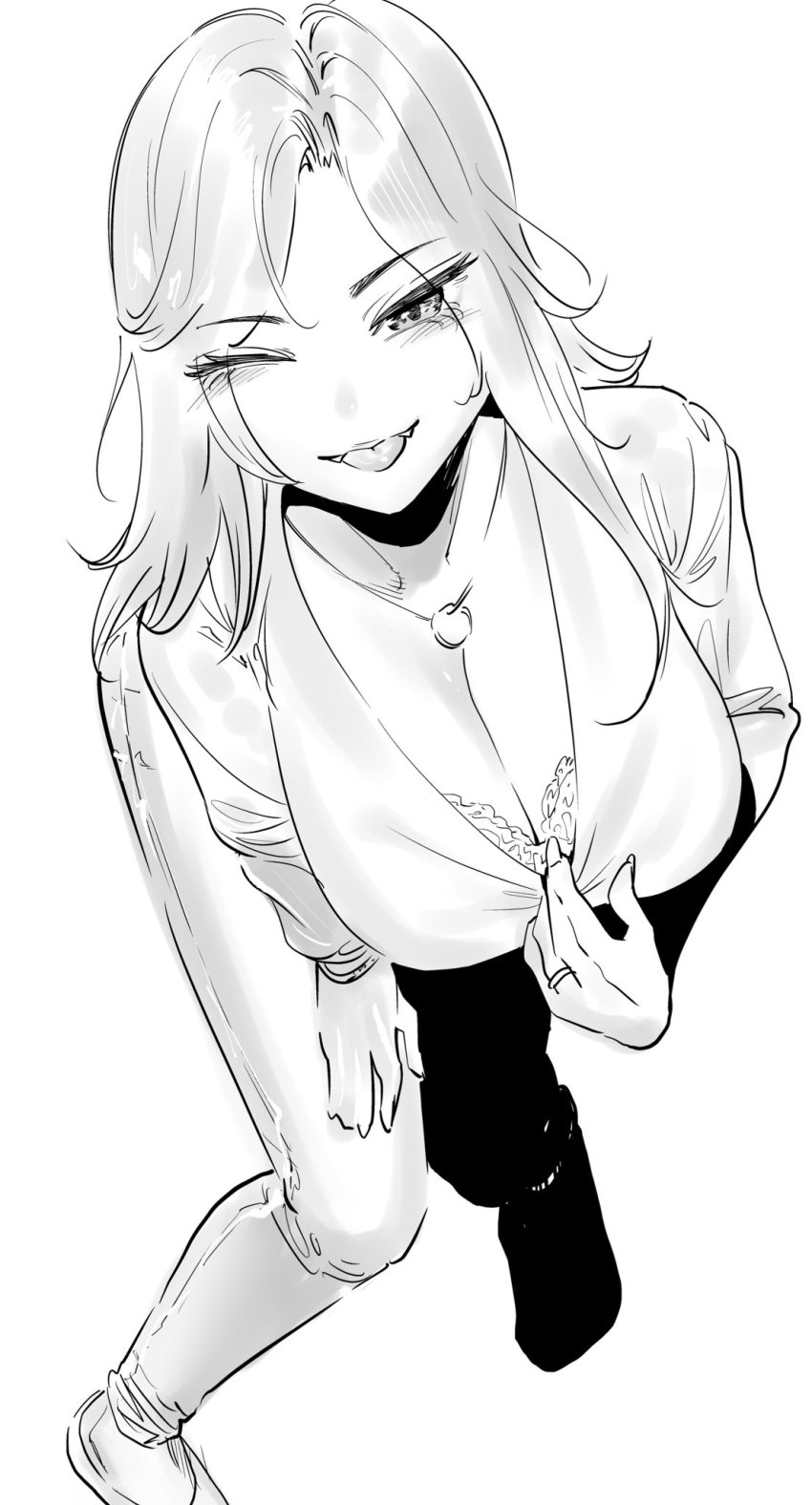 1girl, bra, breasts, cleavage, denim, dosanko_gal_wa_namaramenkoi, from_above, fuyuki_mai