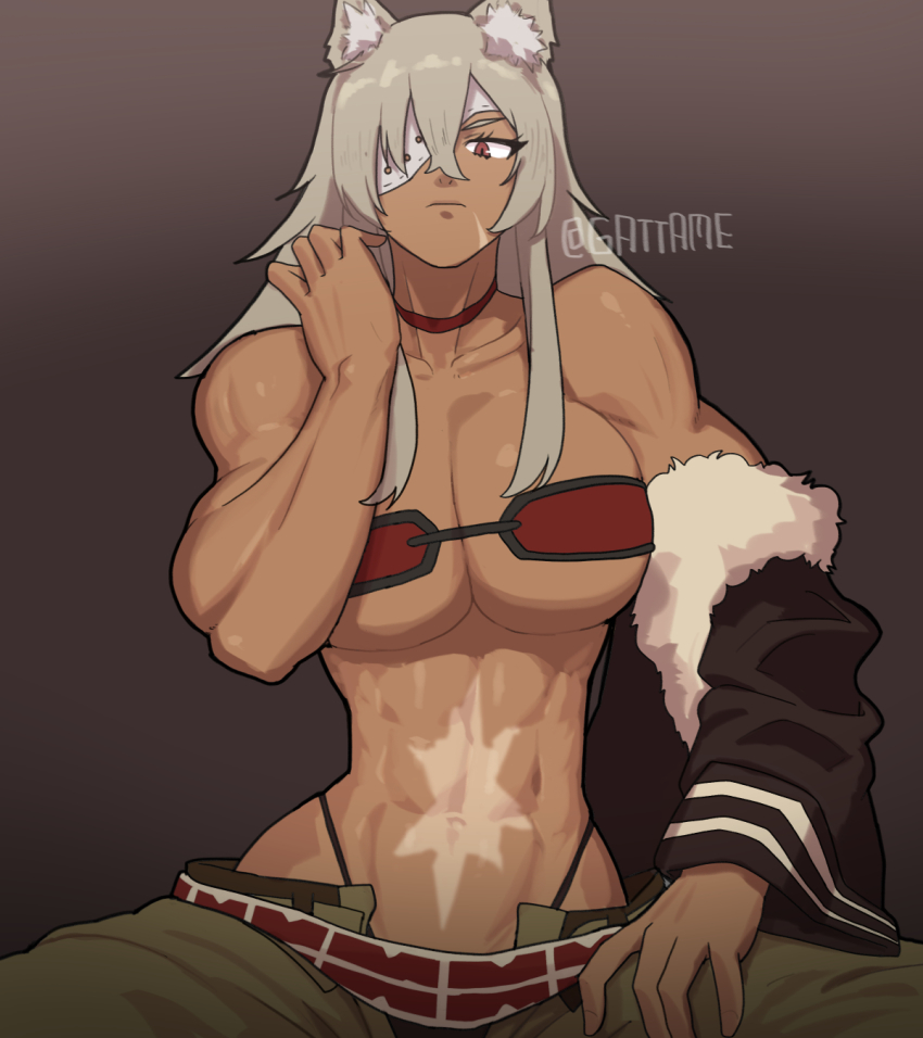 abs, animal_ear_fluff, animal_ears, bandeau, black_jacket, breasts, brown_background, brown_eyes