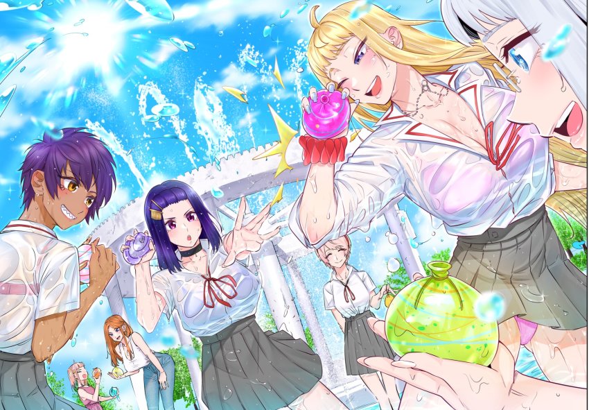 6+girls, :o, ^_^, akino_sayuri, asuka_(dosanko_gyaru_wa_namaramenkoi), black_choker, blue_dress, blue_eyes