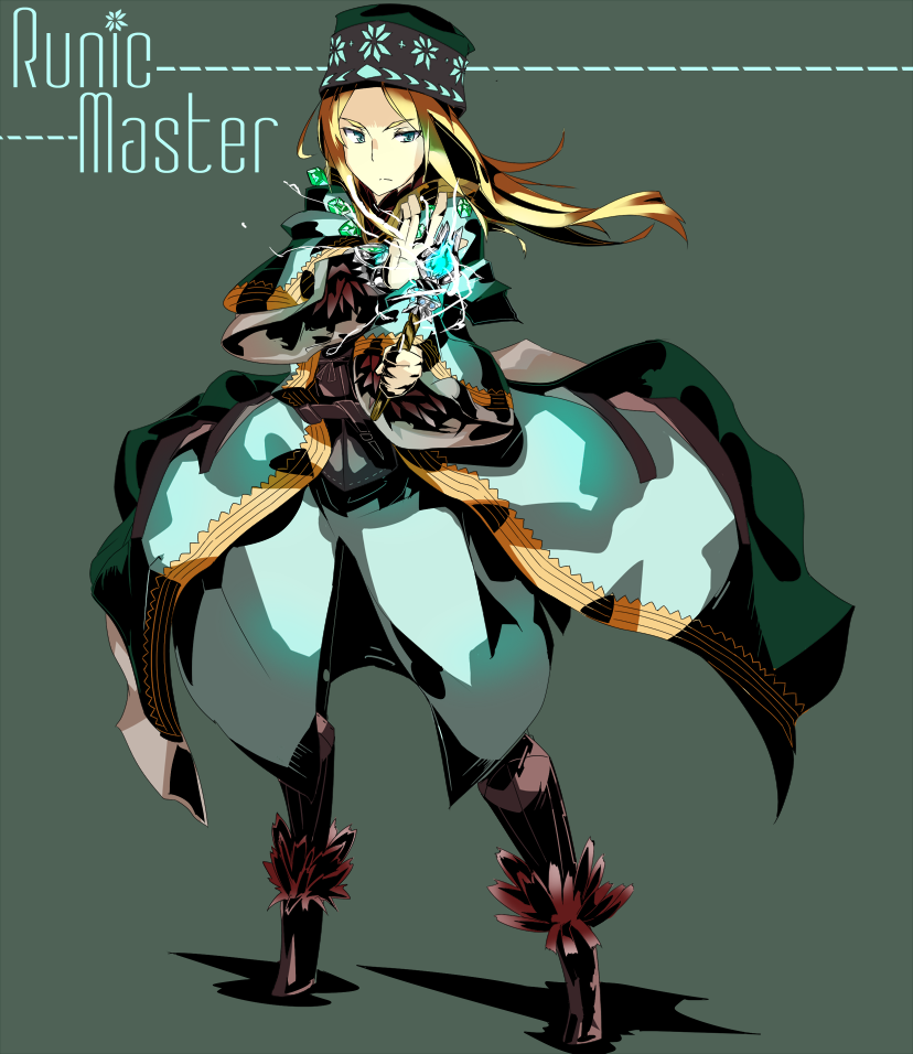 1boy, blonde_hair, blue_eyes, etrian_odyssey, full_body, green_background, hat, holding