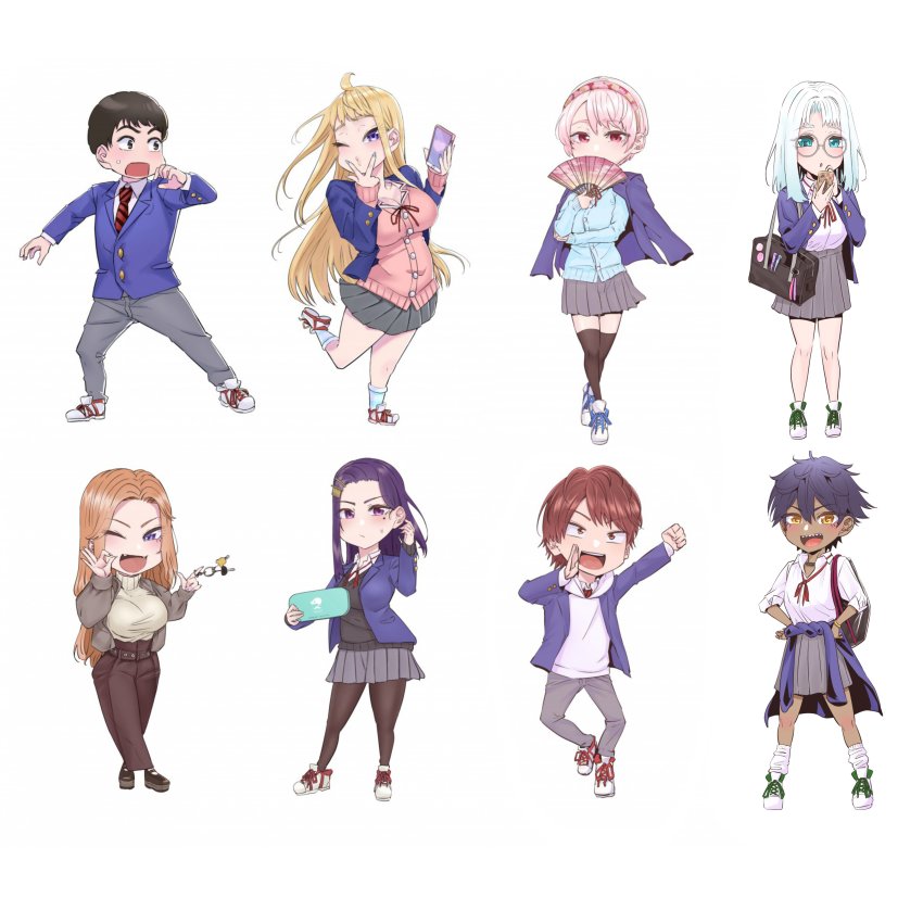 2boys, 6+girls, absurdres, akino_sayuri, asuka_(dosanko_gyaru_wa_namaramenkoi), black_hair, black_pantyhose, black_sweater