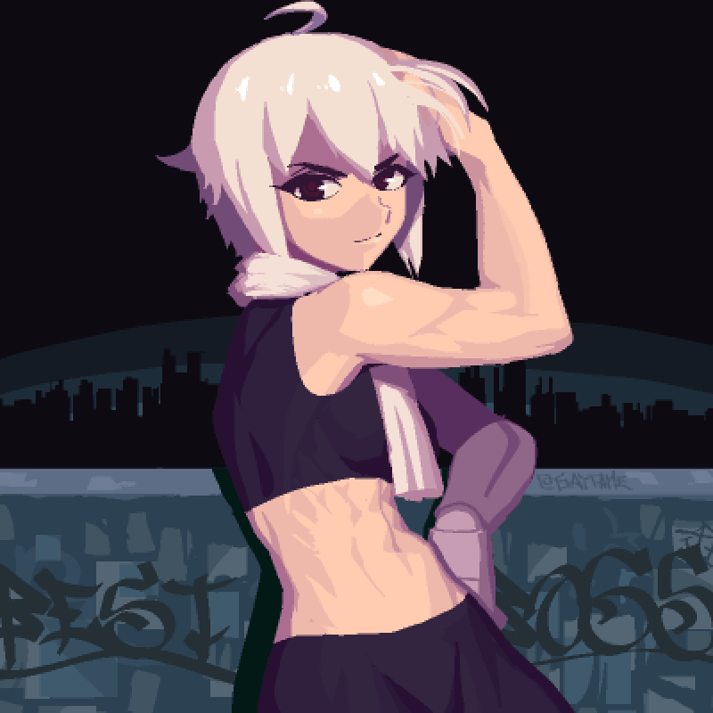 1girl, abs, ahoge, black_background, black_pants, black_tank_top, breasts, city