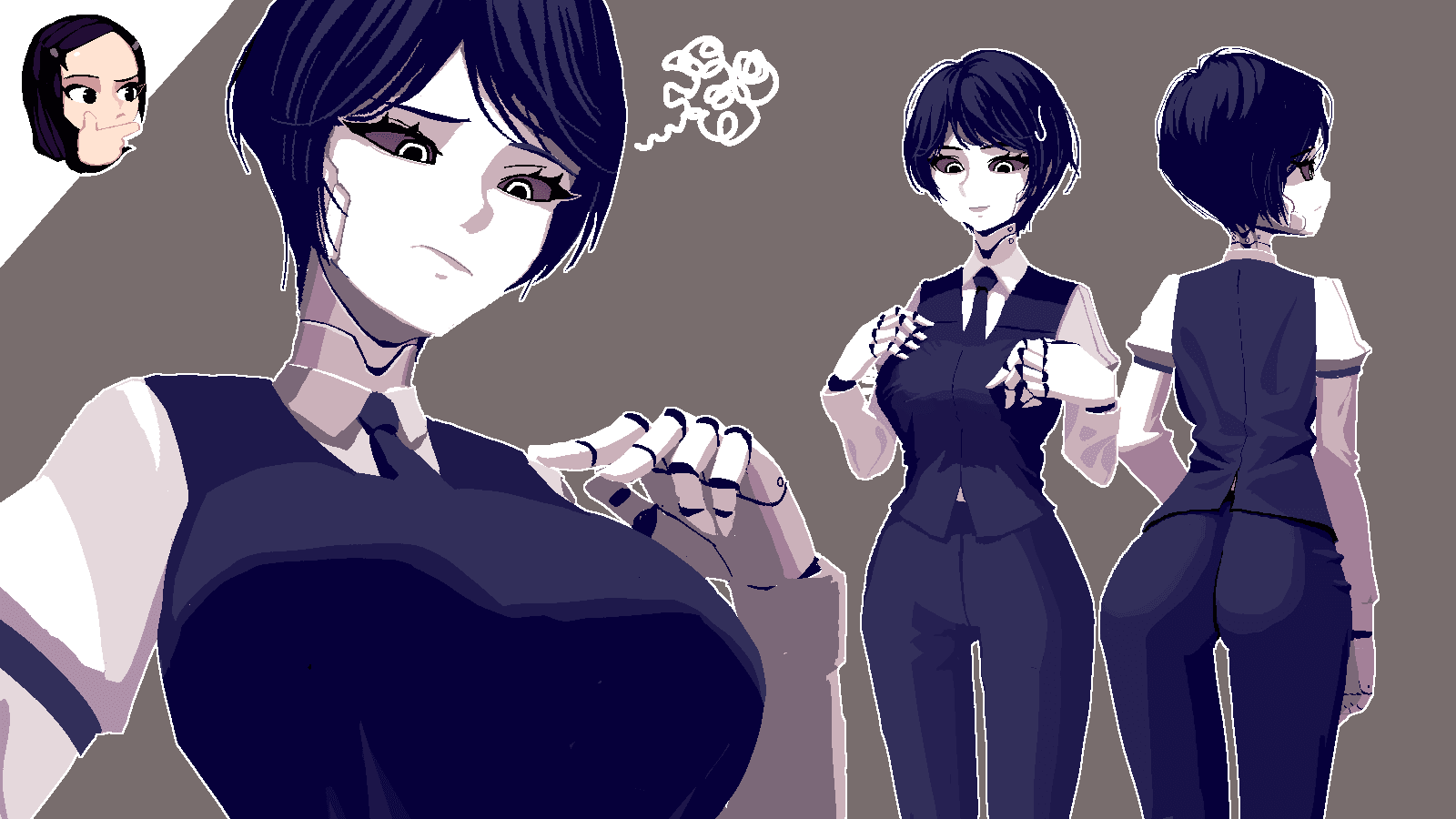 2girls, android, betty_(va-11_hall-a), black_eyes, black_hair, black_necktie, black_pants, black_vest